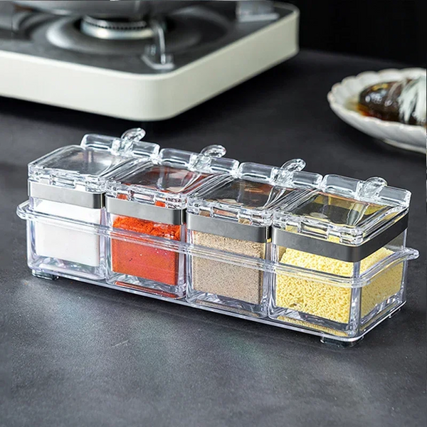 CLEAR SEASONING BOX SET OF 4 CRYSTAL STORAGE CONTAINER WITH SPOON SPICE RACK FOR PEPPER